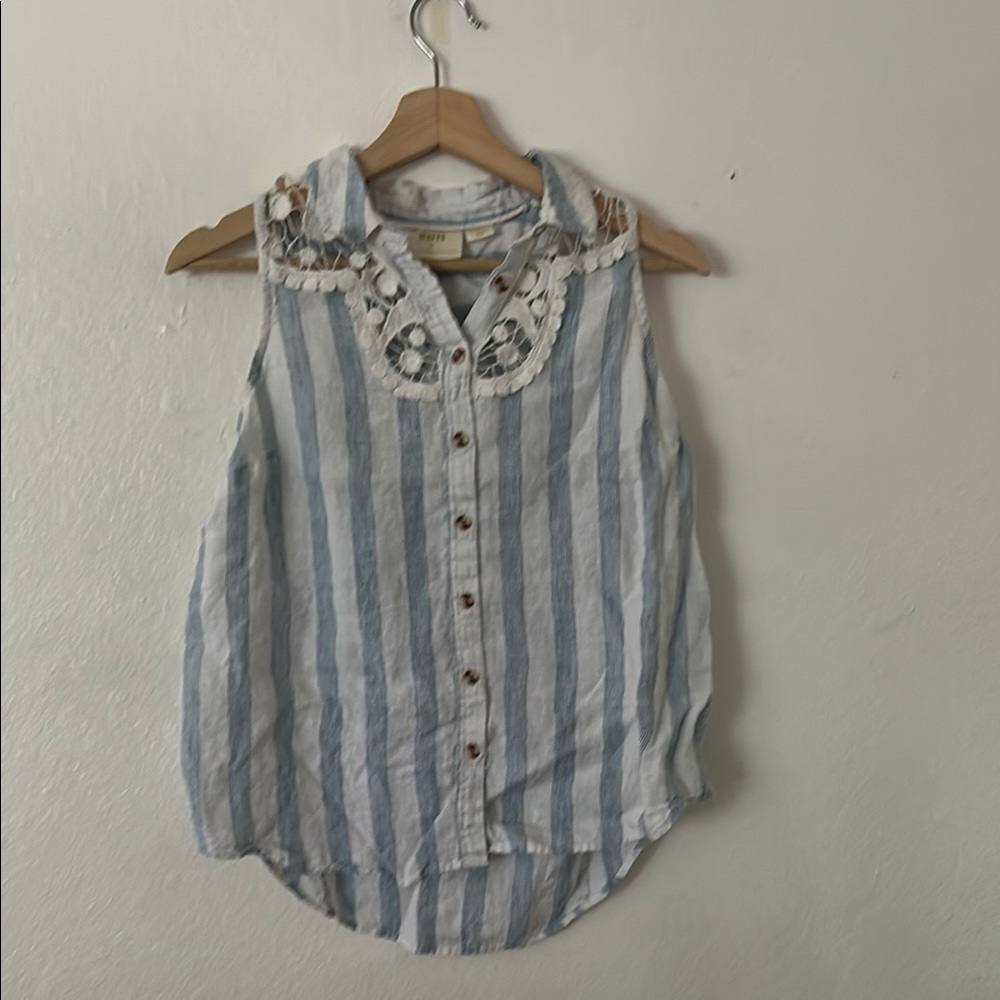 Maeve Anthropologie 100% Linen Striped Button Up Tank in White & Blue Sz XS